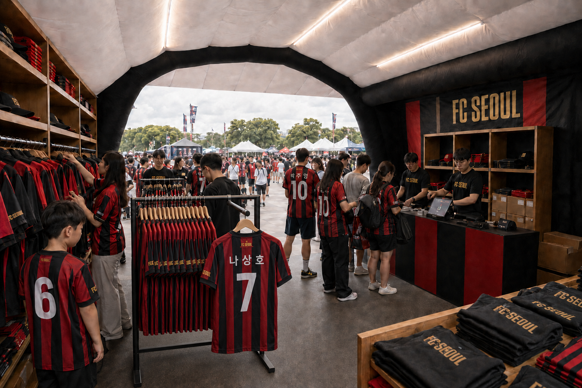 Inside a custom FC Seoul inflatable retail booth with Korean fans shopping for red and black football jerseys