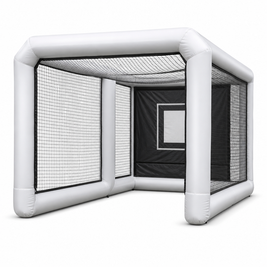 White commercial inflatable batting cage with black safety netting and target backdrop for baseball softball training fan zones and sports activations