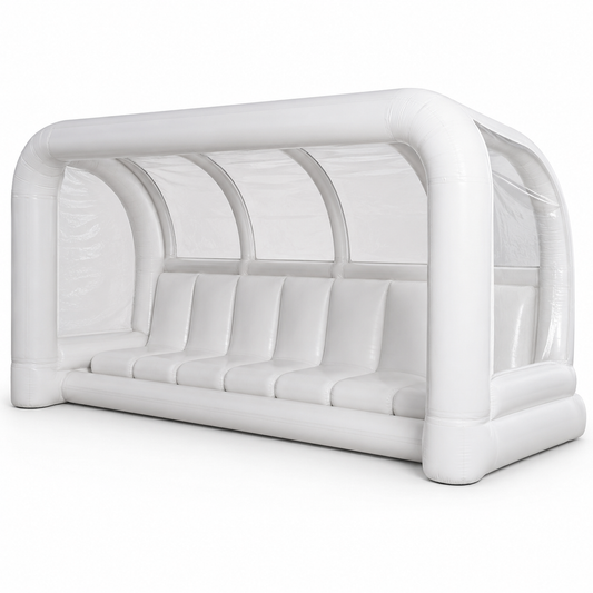White custom inflatable team bench shelter with covered seating and clear side panels for soccer football tournaments and school athletics