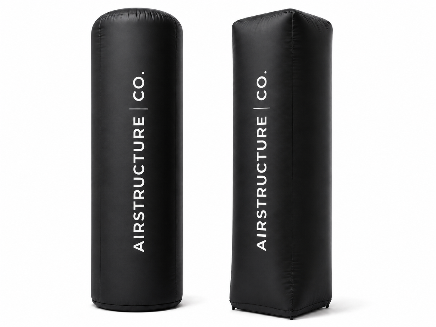 Black custom inflatable branding pillars with vertical AirStructure logo for trade shows brand activations sponsor zones event entrances and promotional displays