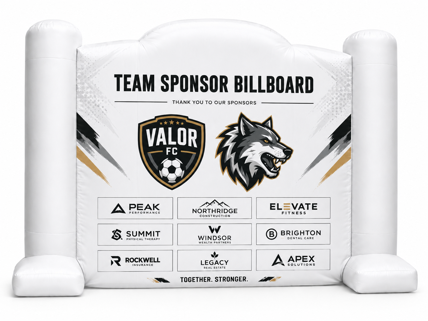 White custom inflatable team sponsor billboard with team logos sponsor graphics and branded display wall for sports teams tournaments fan zones school events and sponsor activations