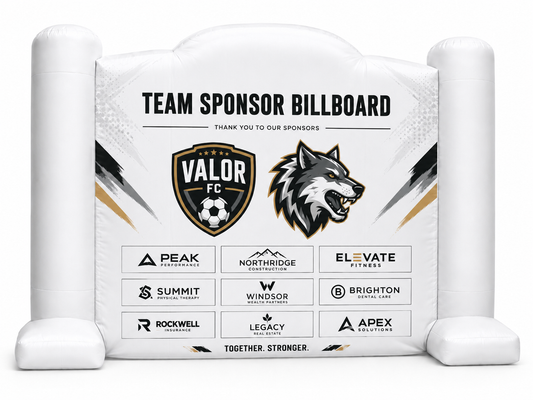White custom inflatable team sponsor billboard with team logos sponsor graphics and branded display wall for sports teams tournaments fan zones school events and sponsor activations
