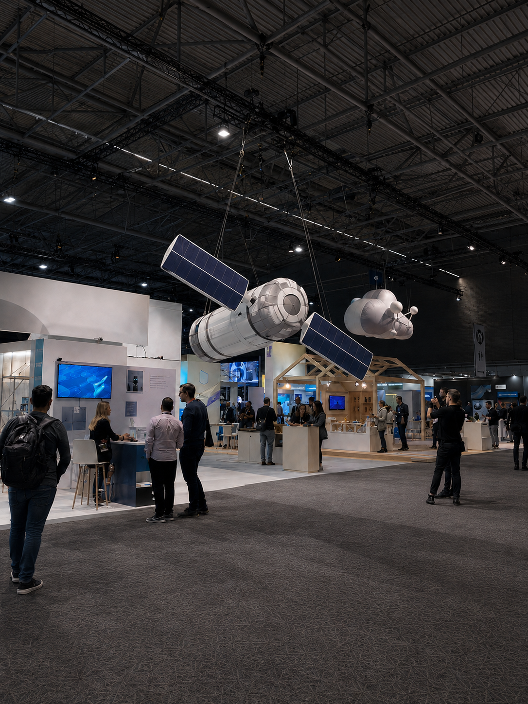 Custom suspended satellite inflatables above a branded trade show exhibition
