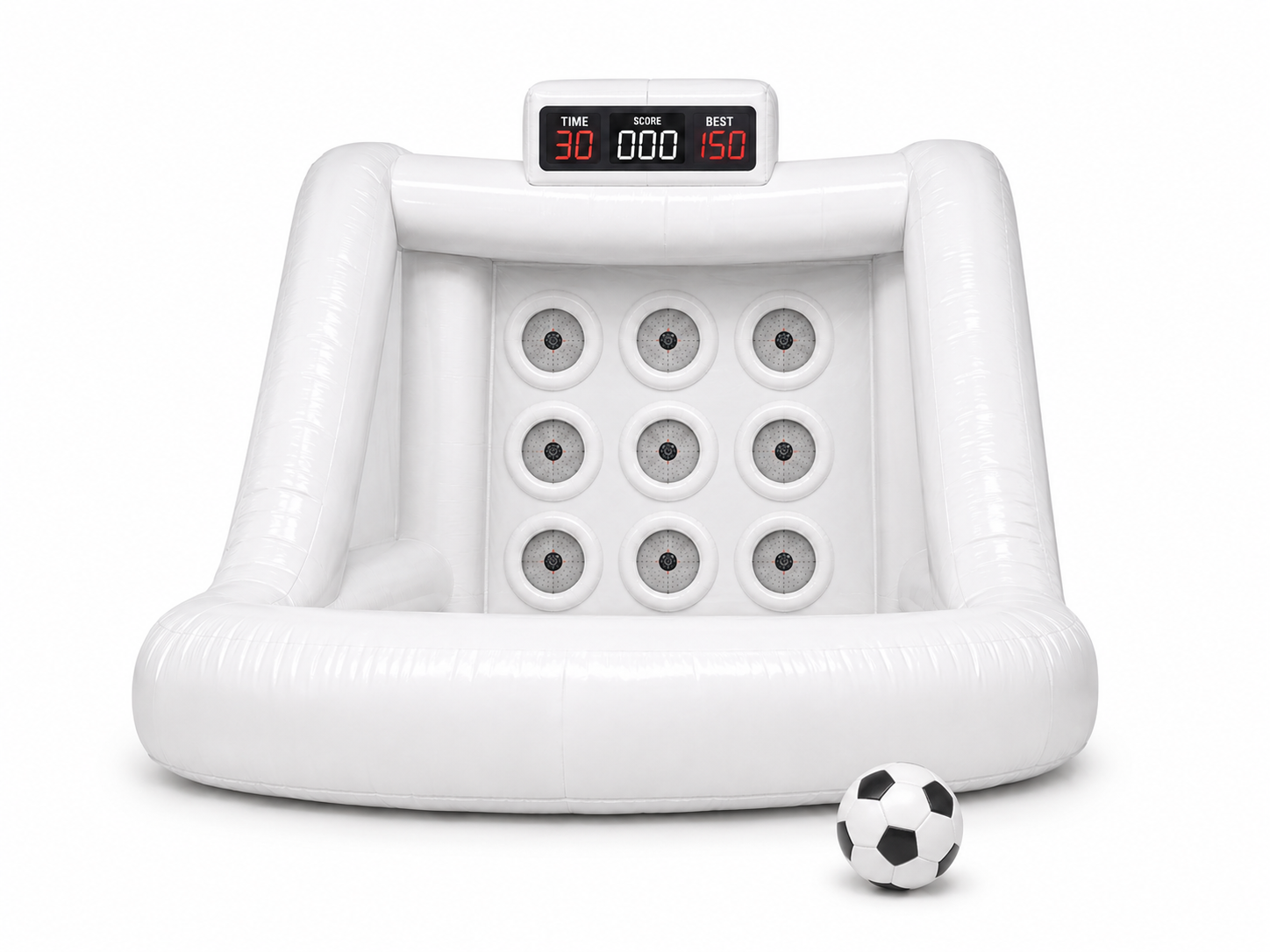 White interactive inflatable IPS target game with electronic targets digital scoreboard and soccer ball for brand activations sports events fan zones corporate events and promotional games