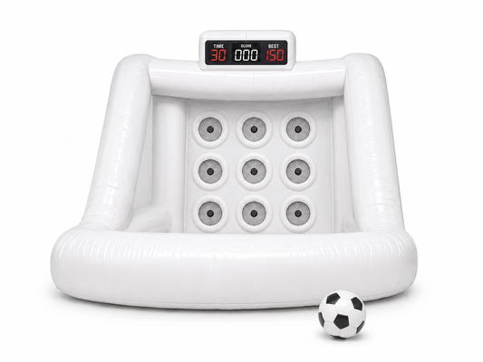White interactive inflatable IPS target game with electronic targets digital scoreboard and soccer ball for brand activations sports events fan zones corporate events and promotional games
