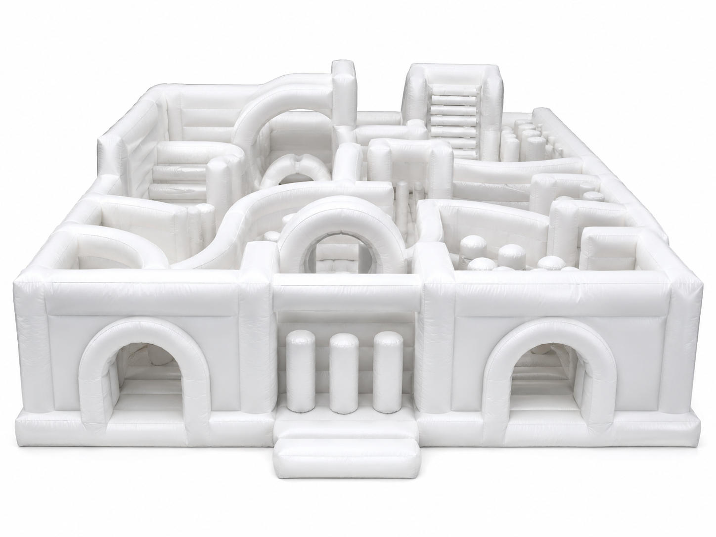 White custom inflatable play park with tunnels arches obstacles activity zones and crawl-through sections for festivals school events corporate events and brand activations