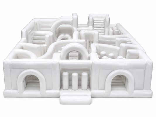 White custom inflatable play park with tunnels arches obstacles activity zones and crawl-through sections for festivals school events corporate events and brand activations