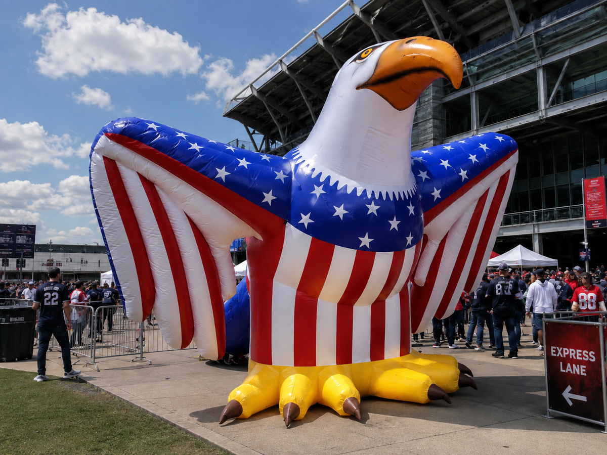 Giant custom inflatable eagle mascot displayed outside a stadium for a promotional event
