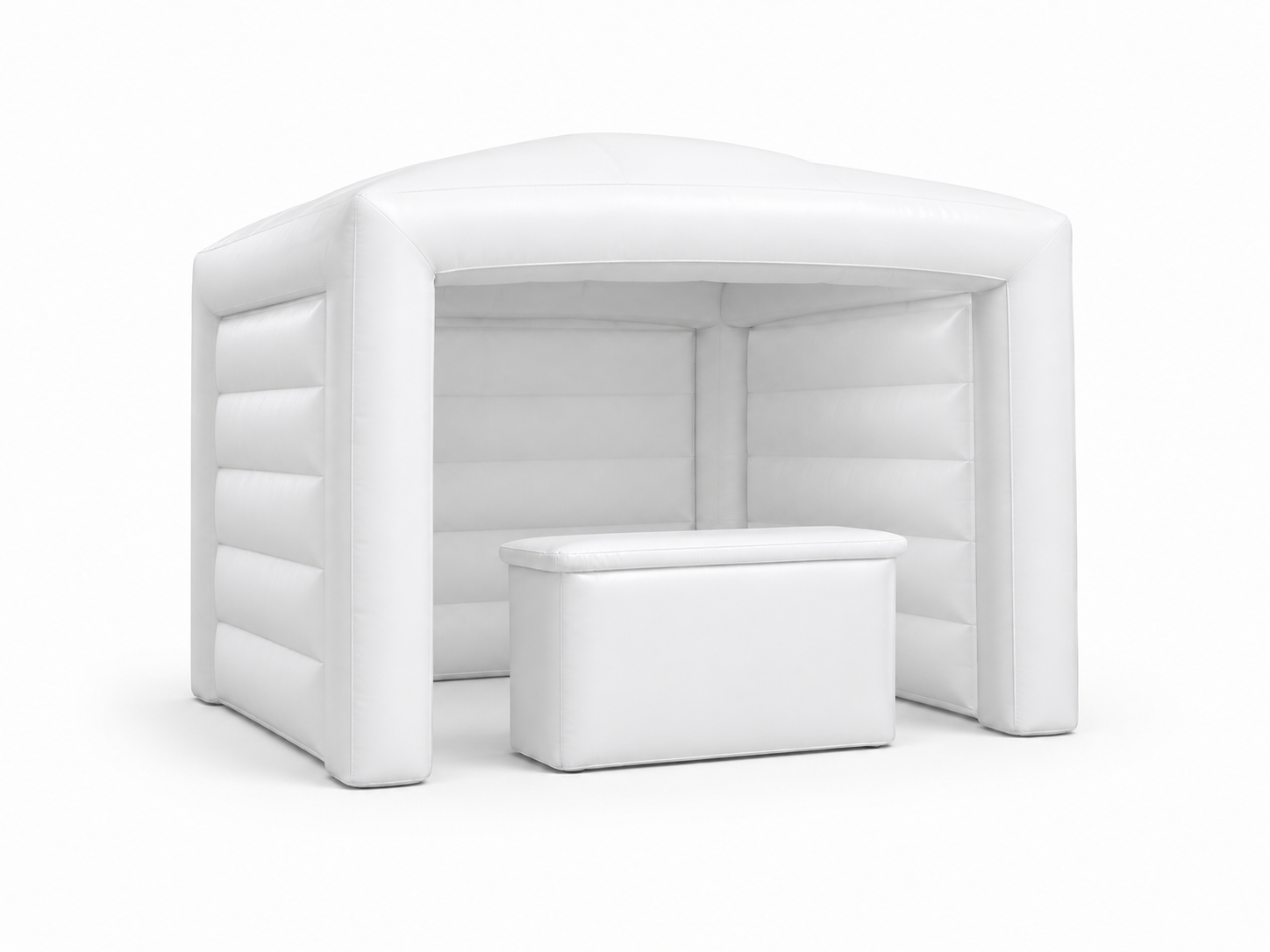 White inflatable booth display tent with open front and counter for trade shows brand activations product demos sampling stations and retail pop-ups