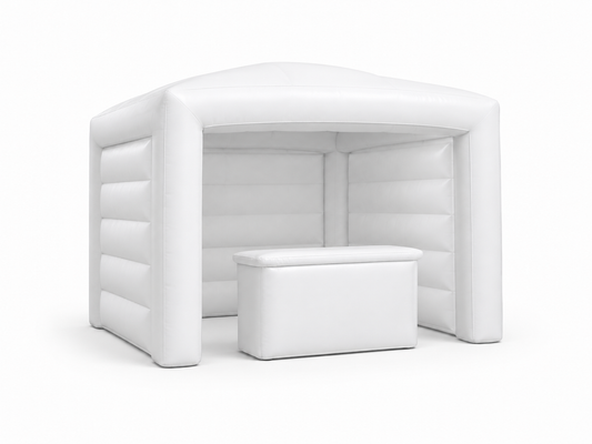 White inflatable booth display tent with open front and counter for trade shows brand activations product demos sampling stations and retail pop-ups