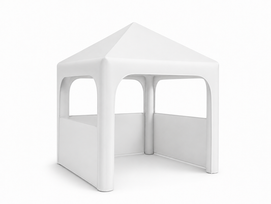 White inflatable cube display tent with open front and side windows for brand activations trade shows retail pop-ups product launches and sponsor booths