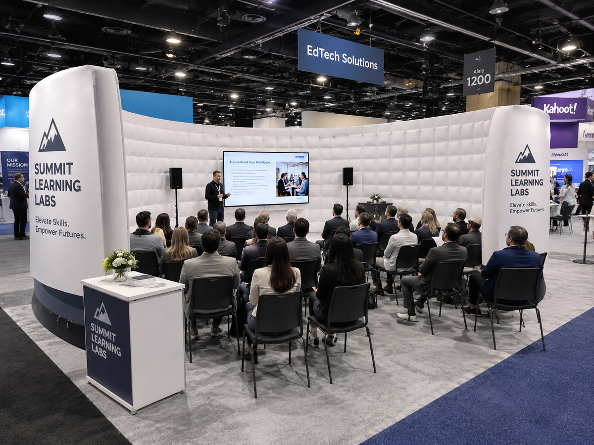 White custom inflatable trade show booth used for a corporate presentation and exhibition event