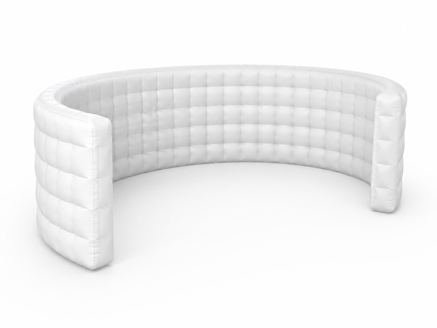 White C-shaped inflatable display wall with curved wraparound design for immersive trade show exhibits product showcases and photo activations