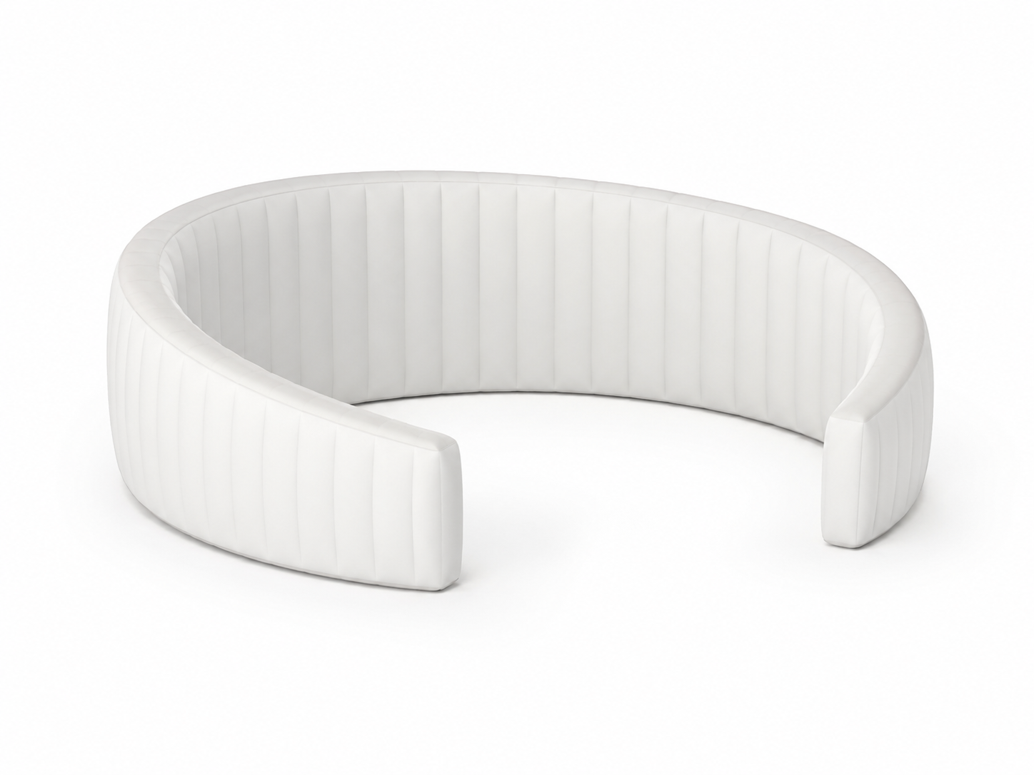 White curved inflatable display wall with open front for trade show backdrops product showcases sponsor graphics and branded photo areas