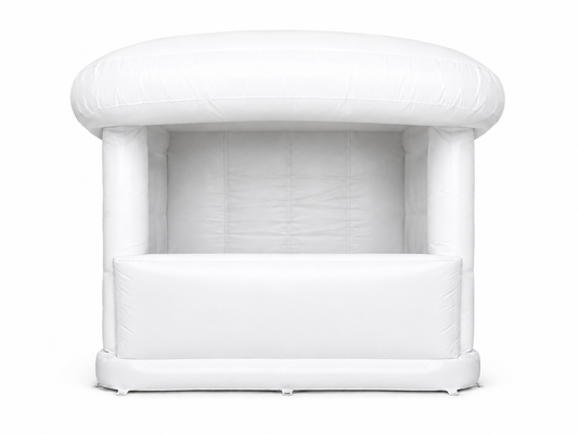 White custom inflatable event booth kiosk with service counter for sampling trade shows retail pop-ups sponsor zones and brand activations