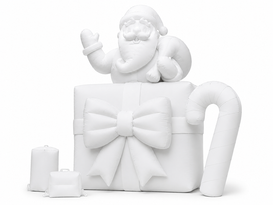 White custom inflatable holiday retail display with giant Santa gift bow and candy cane decorations for shopping malls storefronts and seasonal promotions