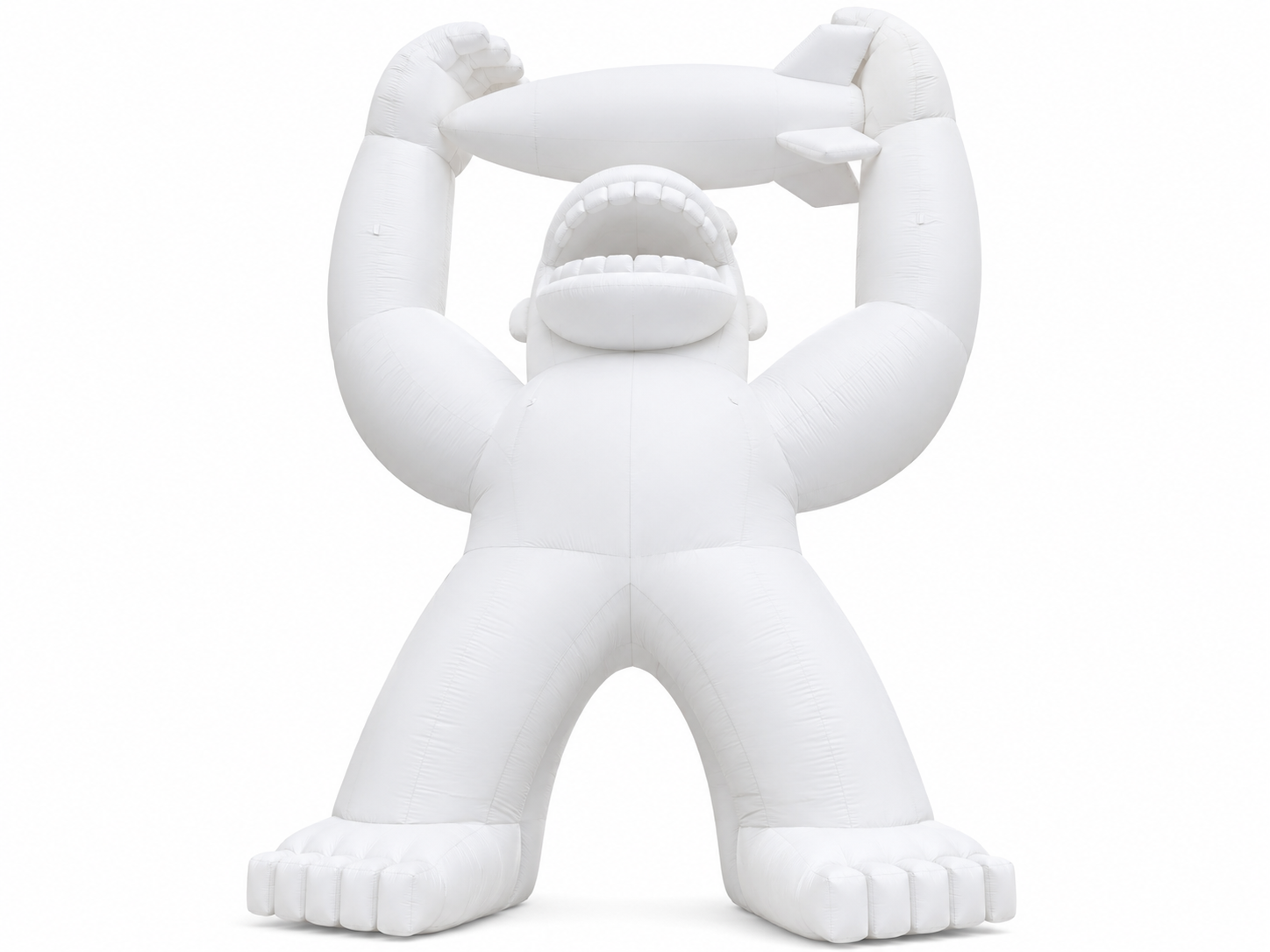 White custom giant inflatable character display holding an oversized promotional object for festivals retail campaigns photo opportunities and outdoor events