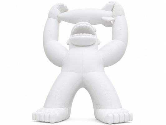 White custom giant inflatable character display holding an oversized promotional object for festivals retail campaigns photo opportunities and outdoor events
