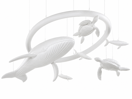 White custom suspended inflatable installation with oversized hanging sculptural objects for shopping malls museums atriums retail displays and public spaces