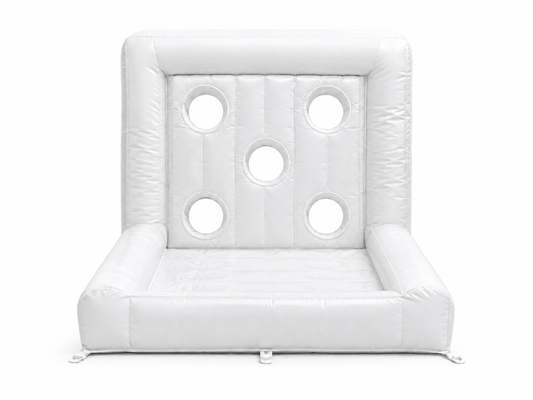 White custom inflatable target toss game with five target openings for fan engagement sports activations festivals sponsor zones and school events