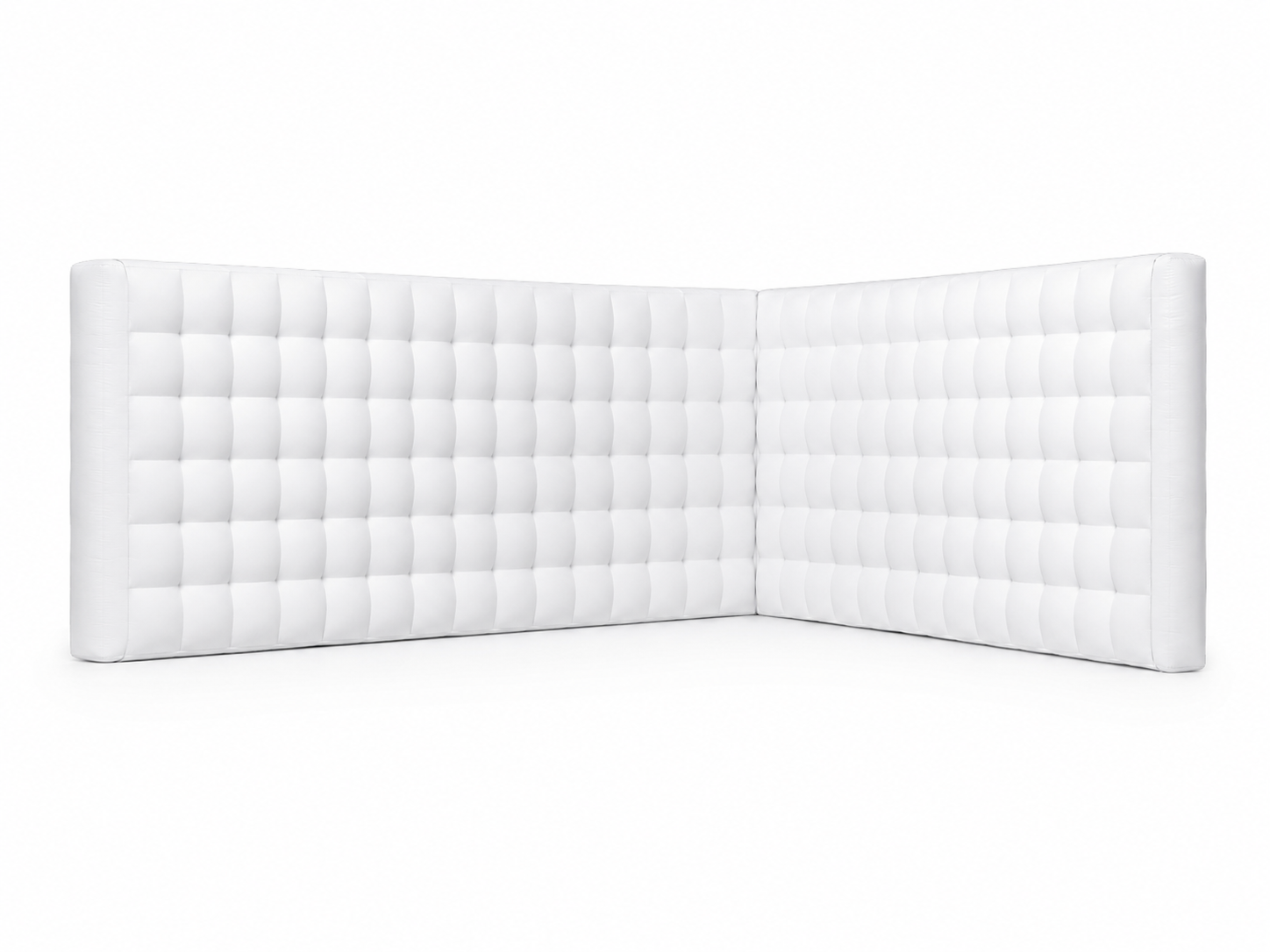 White L-shaped inflatable display wall for corner trade show booths product presentations sponsor graphics and branded exhibition backdrops