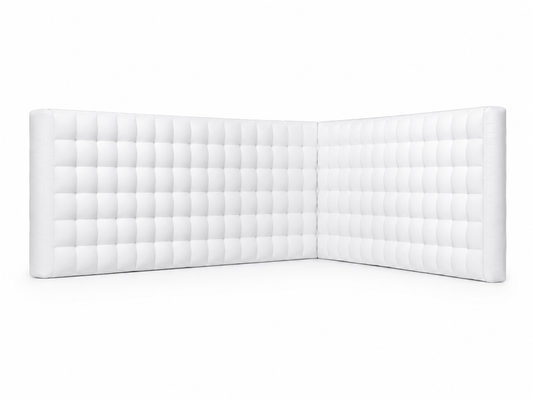 White L-shaped inflatable display wall for corner trade show booths product presentations sponsor graphics and branded exhibition backdrops