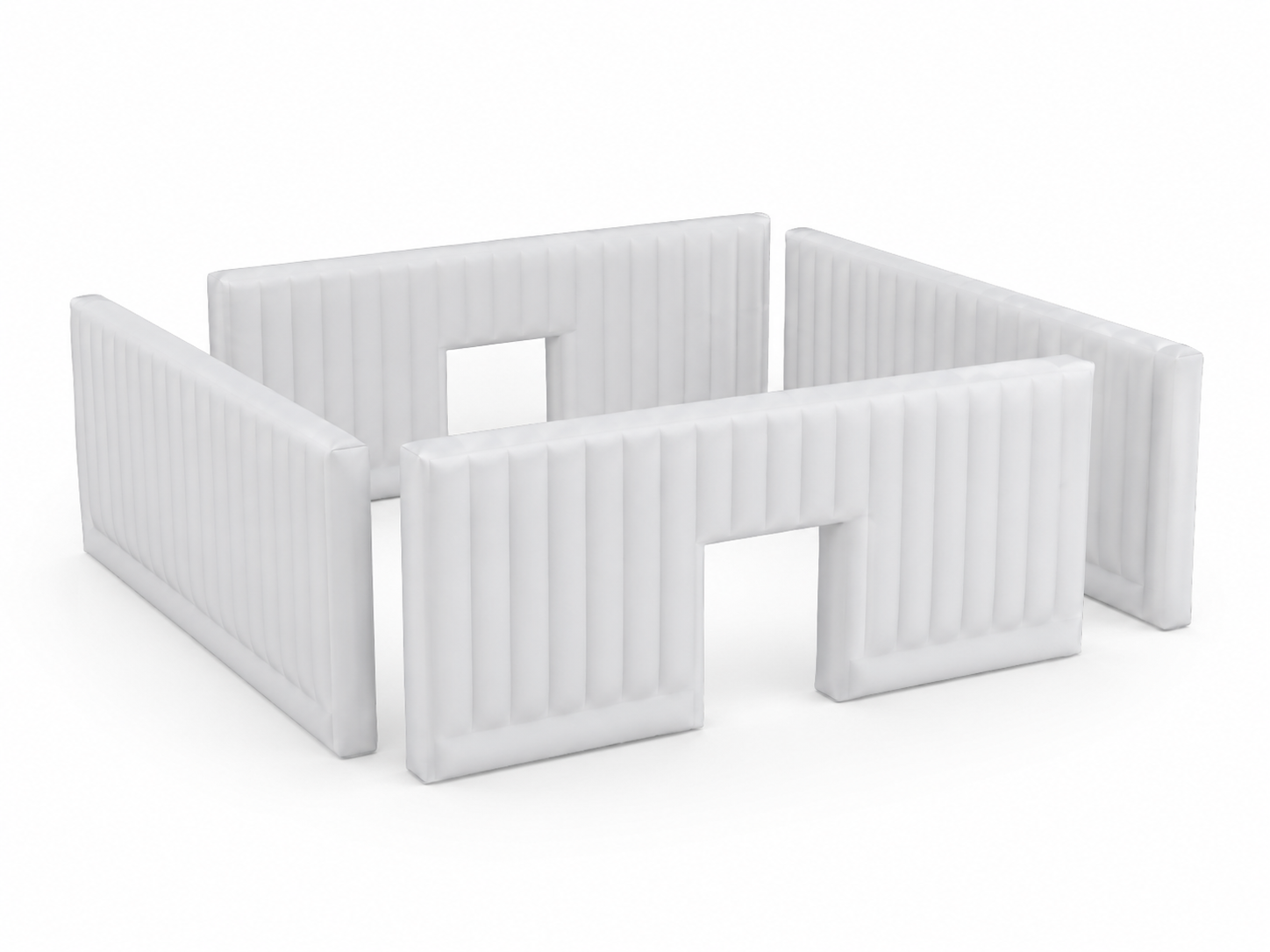 White custom inflatable modular trade show booth with configurable wall panels and front and rear entrances for expos and brand activations