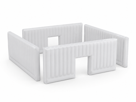 White custom inflatable modular trade show booth with configurable wall panels and front and rear entrances for expos and brand activations