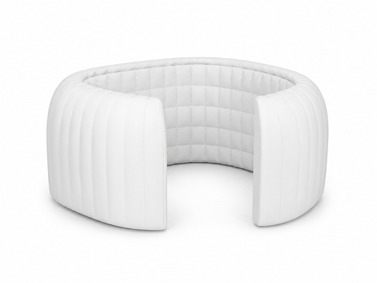 White custom inflatable trade show lounge pod with curved semi-enclosed walls and integrated seating for client meetings and sponsor lounges
