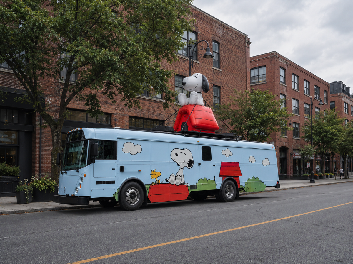 Custom rooftop character inflatable promotional bus on a tree-lined brick warehouse district street