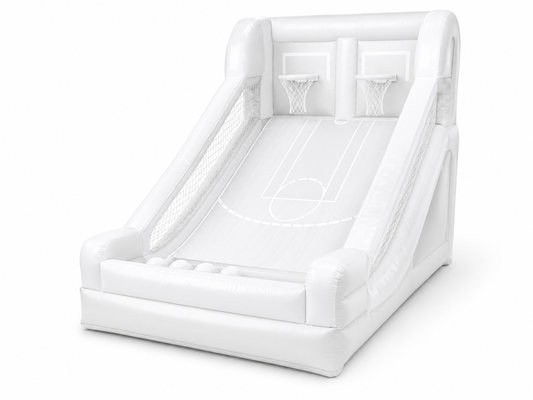 White inflatable basketball shootout game with two hoops side nets and court graphics for brand activations corporate events fan zones and promotional campaigns
