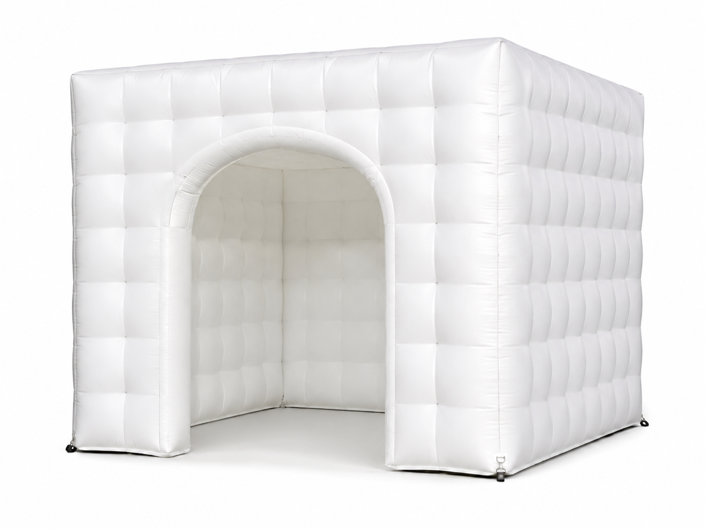 White inflatable cube pop-up event room with arched entrance for brand activations trade shows product launches consultation spaces and temporary branded booths