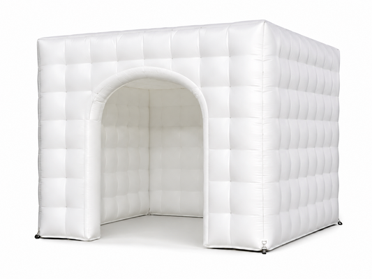 White inflatable cube pop-up event room with arched entrance for brand activations trade shows product launches consultation spaces and temporary branded booths