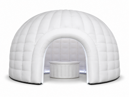 White inflatable dome experience booth with front counter for brand activations trade shows product launches reception areas and pop-up event spaces