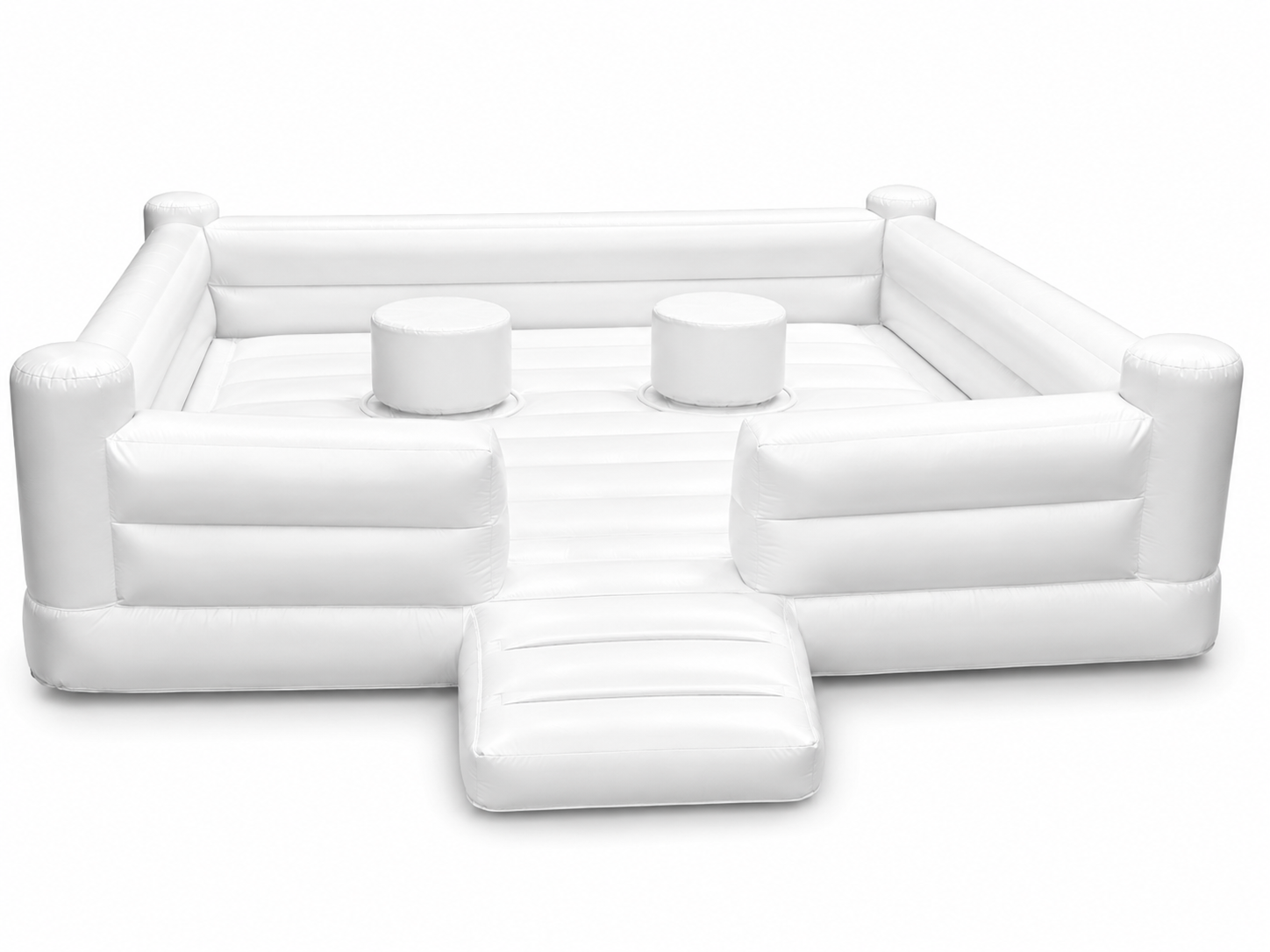 White inflatable gladiator joust arena with padded play area and two podiums for corporate events school events festivals and brand activations