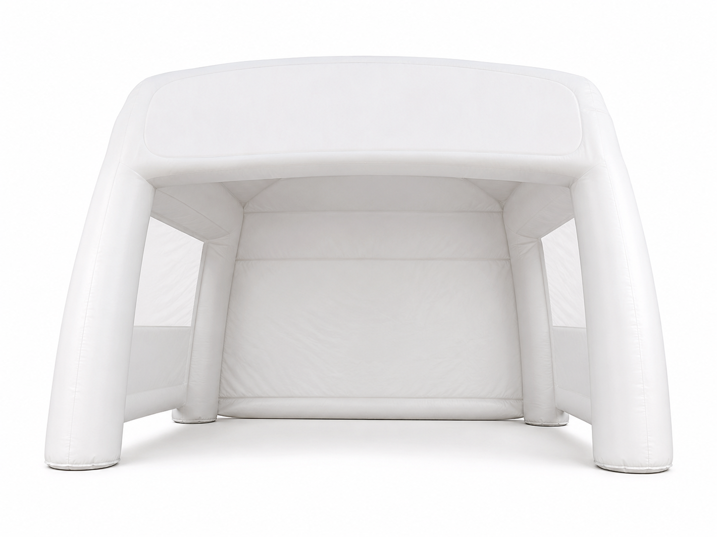 White inflatable promotional tent booth with large front branding header and open customer-facing layout for brand activations trade shows product launches retail pop-ups and sampling events