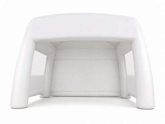 White inflatable promotional tent booth with large front branding header and open customer-facing layout for brand activations trade shows product launches retail pop-ups and sampling events