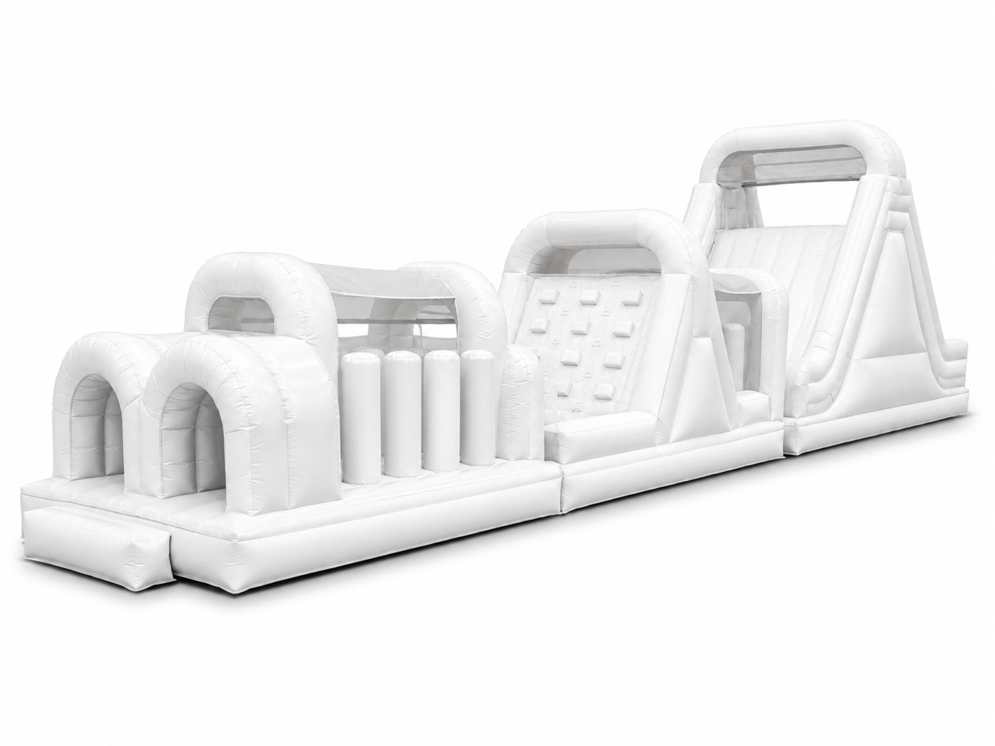 White inflatable obstacle course with tunnels climbing sections slide and activity lanes for festivals school events corporate events team building and brand activations
