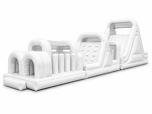 White inflatable obstacle course with tunnels climbing sections slide and activity lanes for festivals school events corporate events team building and brand activations