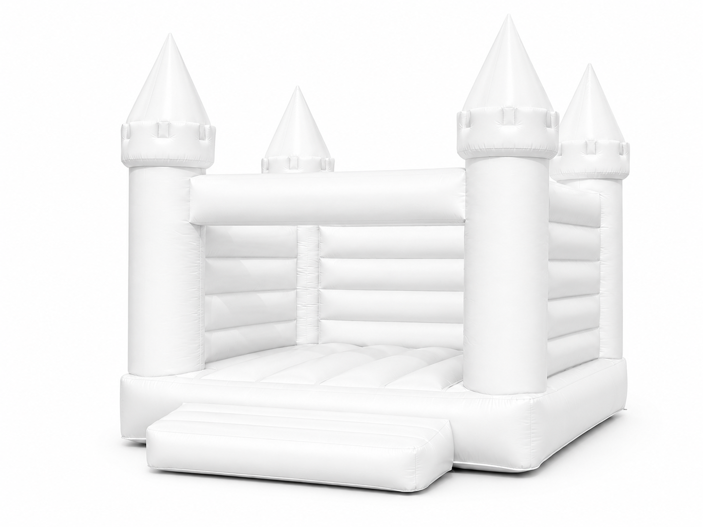 White open bounce castle inflatable with castle towers and front entrance for brand activations festivals school events corporate events and family entertainment