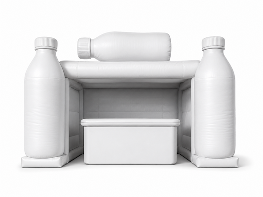 White inflatable product replica booth with bottle-shaped columns and front counter for product launches sampling stations retail pop-ups trade shows and brand activations