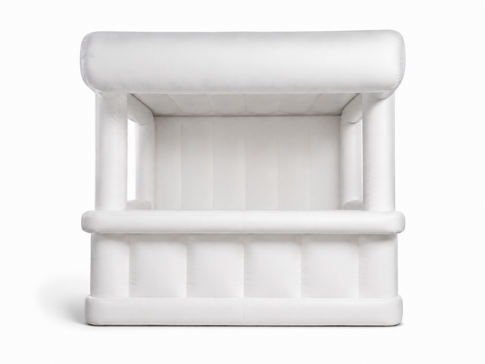 White inflatable sampling kiosk booth with front counter for product sampling brand activations retail pop-ups trade shows festivals and outdoor promotions