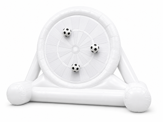 White inflatable soccer darts game with large circular target and soccer balls for sports activations fan zones corporate events festivals and promotional games